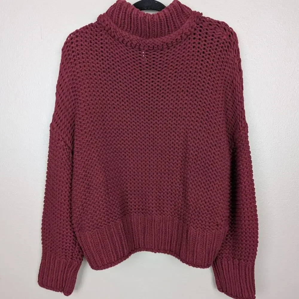 FREE PEOPLE | My Only Sunshine Burgundy Lose Knit Slouchy Sweater Mock Neck